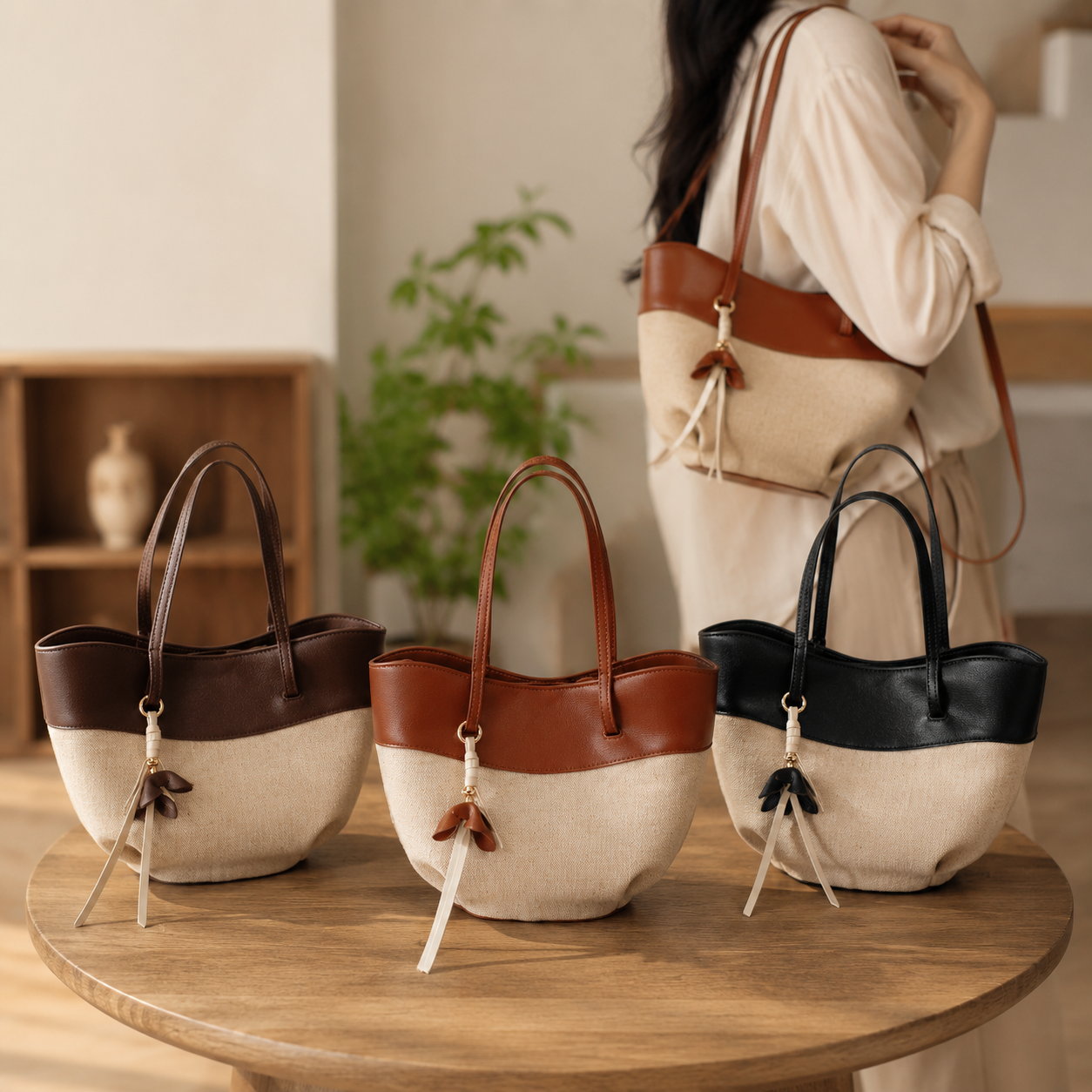 fanlosn small size brown linen and leather shoulder bag,women,color display