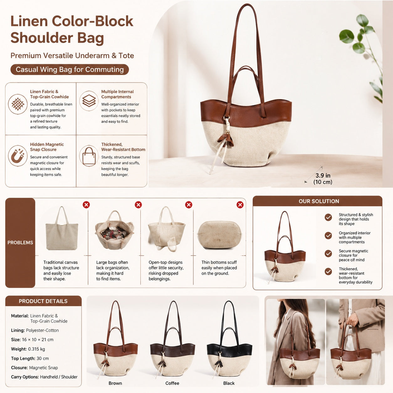 fanlosn small size brown linen and leather shoulder bag,women,detail 04