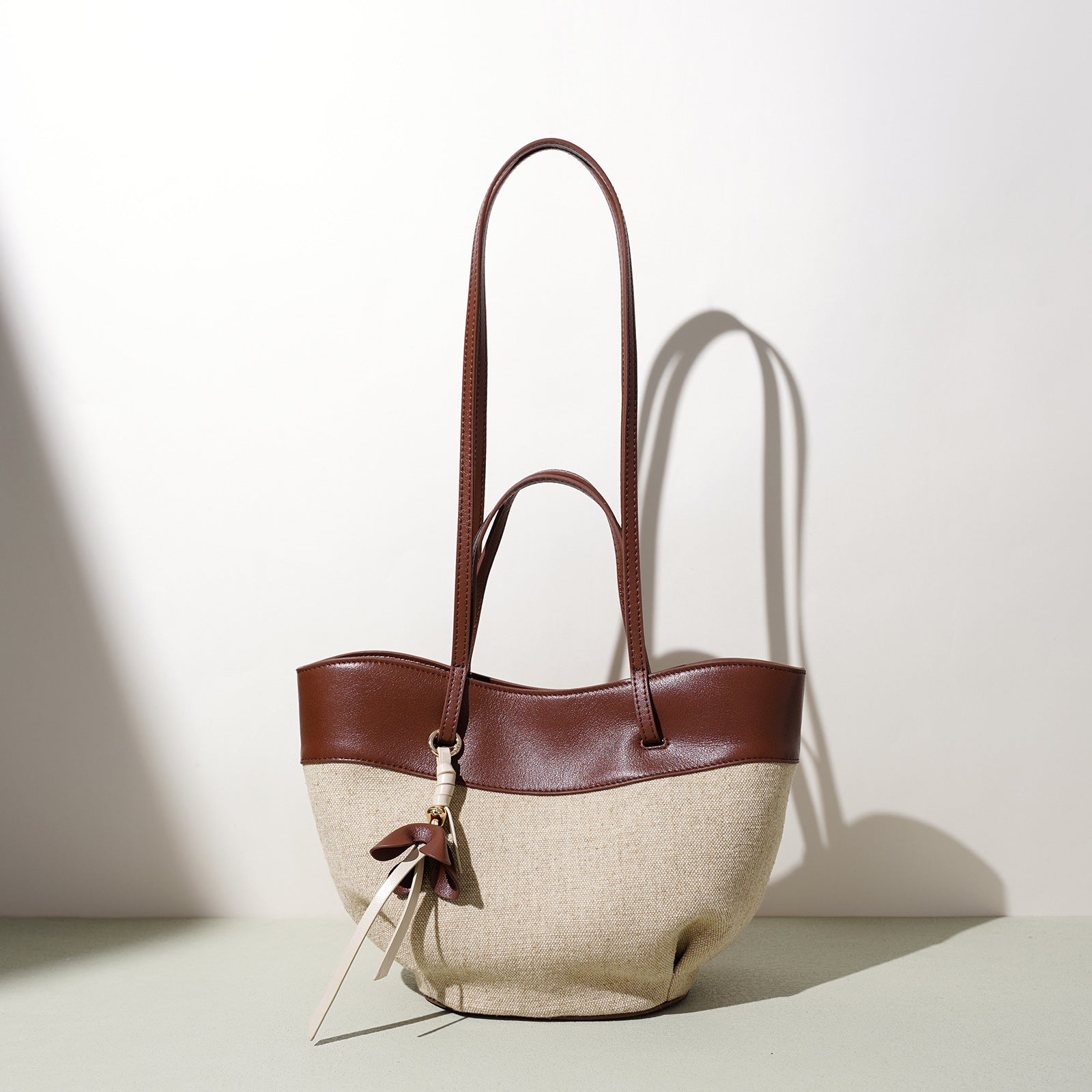 fanlosn small size brown linen and leather shoulder bag,women,detail