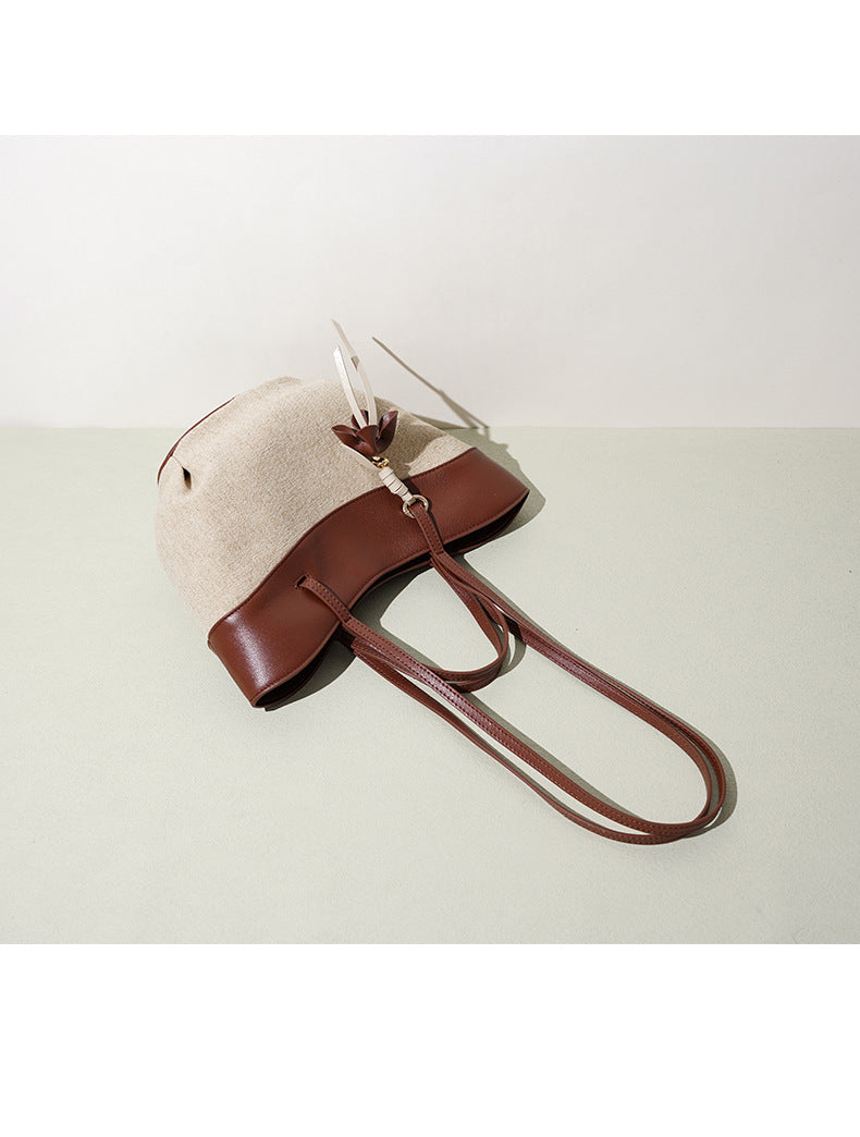 fanlosn small size brown linen and leather shoulder bag,women,flat