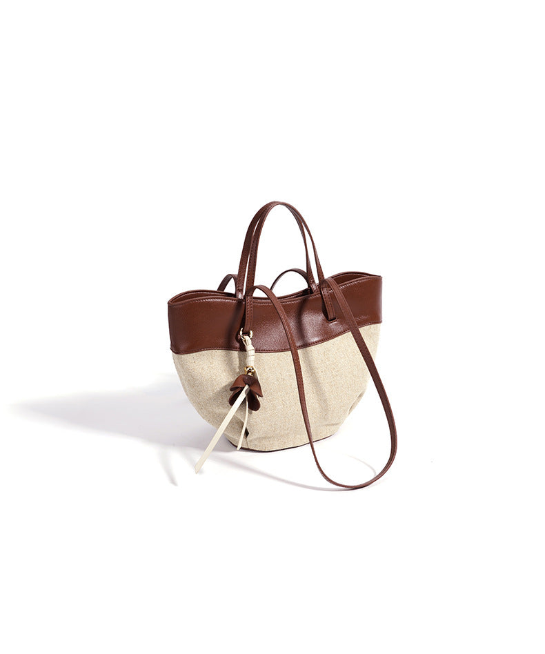 fanlosn small size brown linen and leather shoulder bag,women,front 02