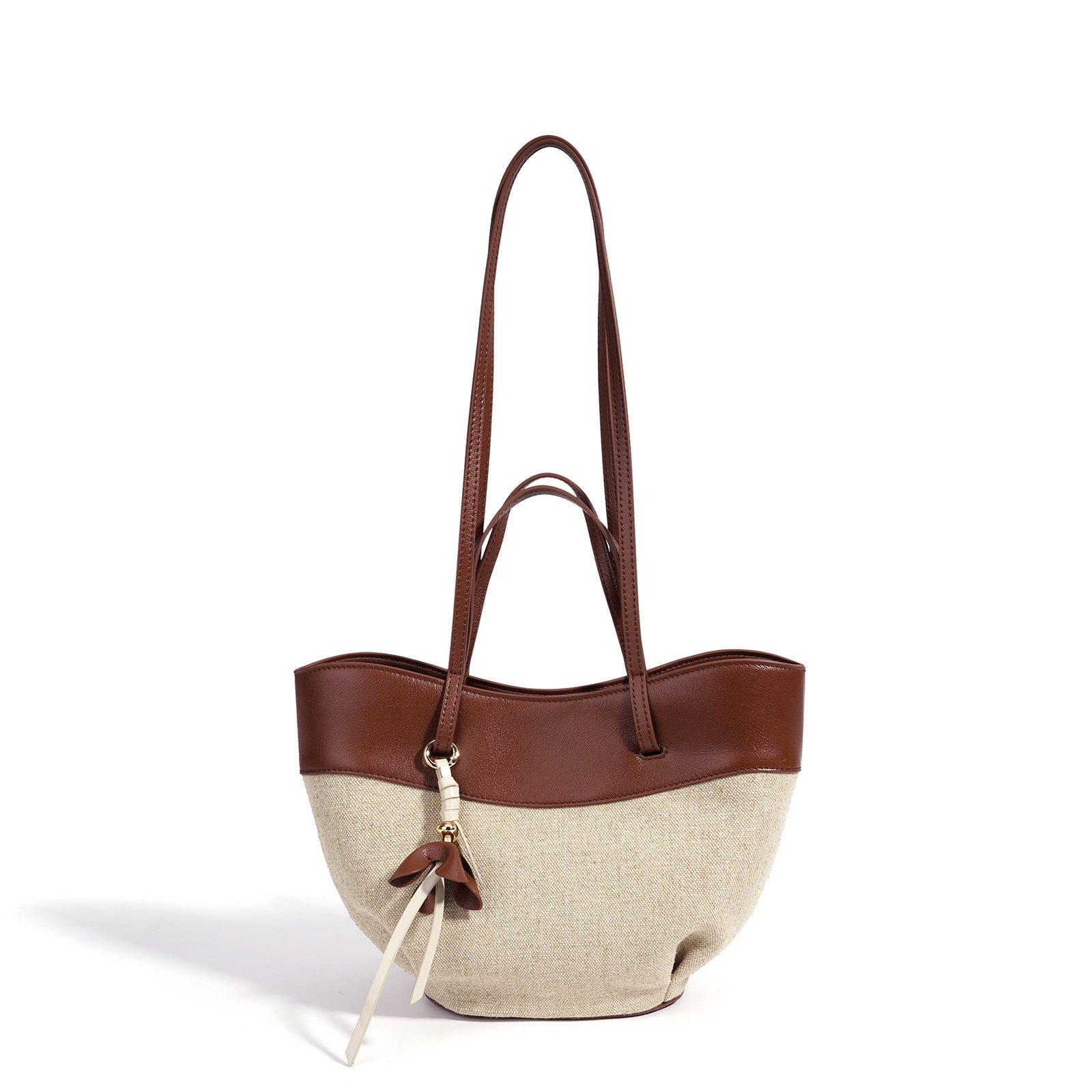 fanlosn small size brown linen and leather shoulder bag,women,front