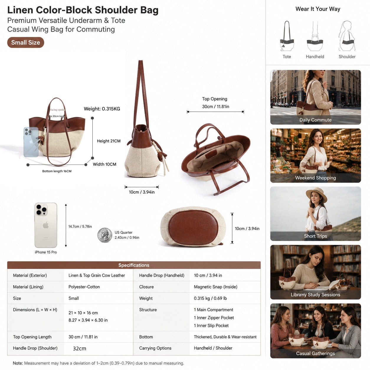 fanlosn small size brown linen and leather shoulder bag,women,lifestyle