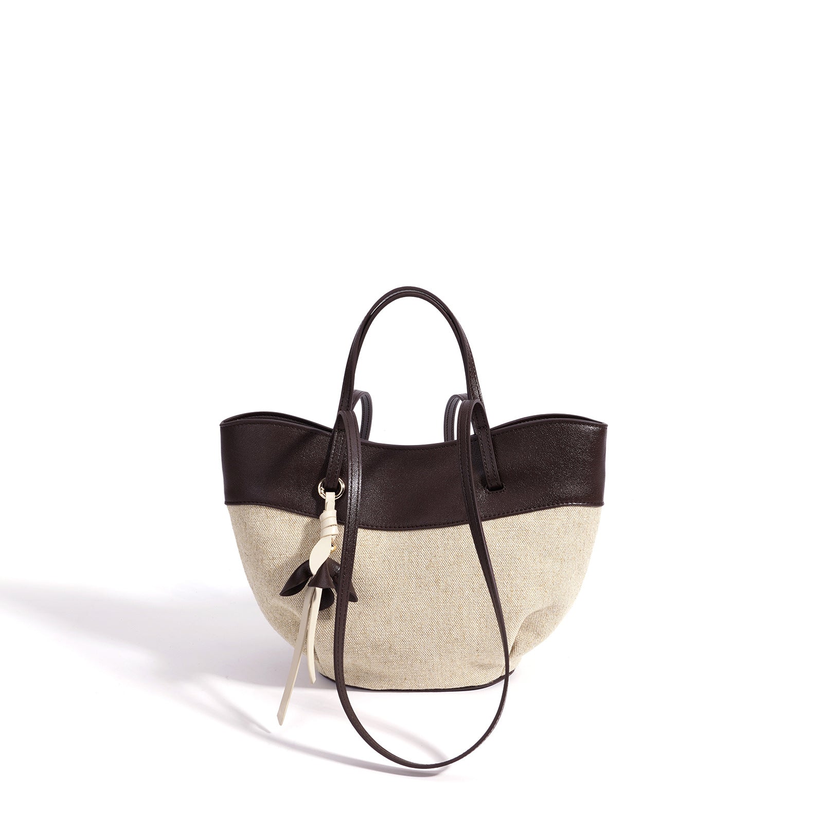 fanlosn small size coffee linen and leather shoulder bag,women,front