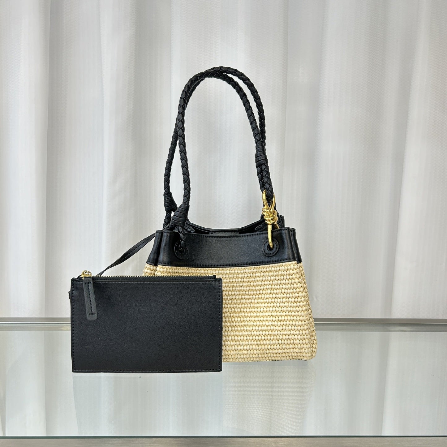 black raffia shoulder bag,women,front 02