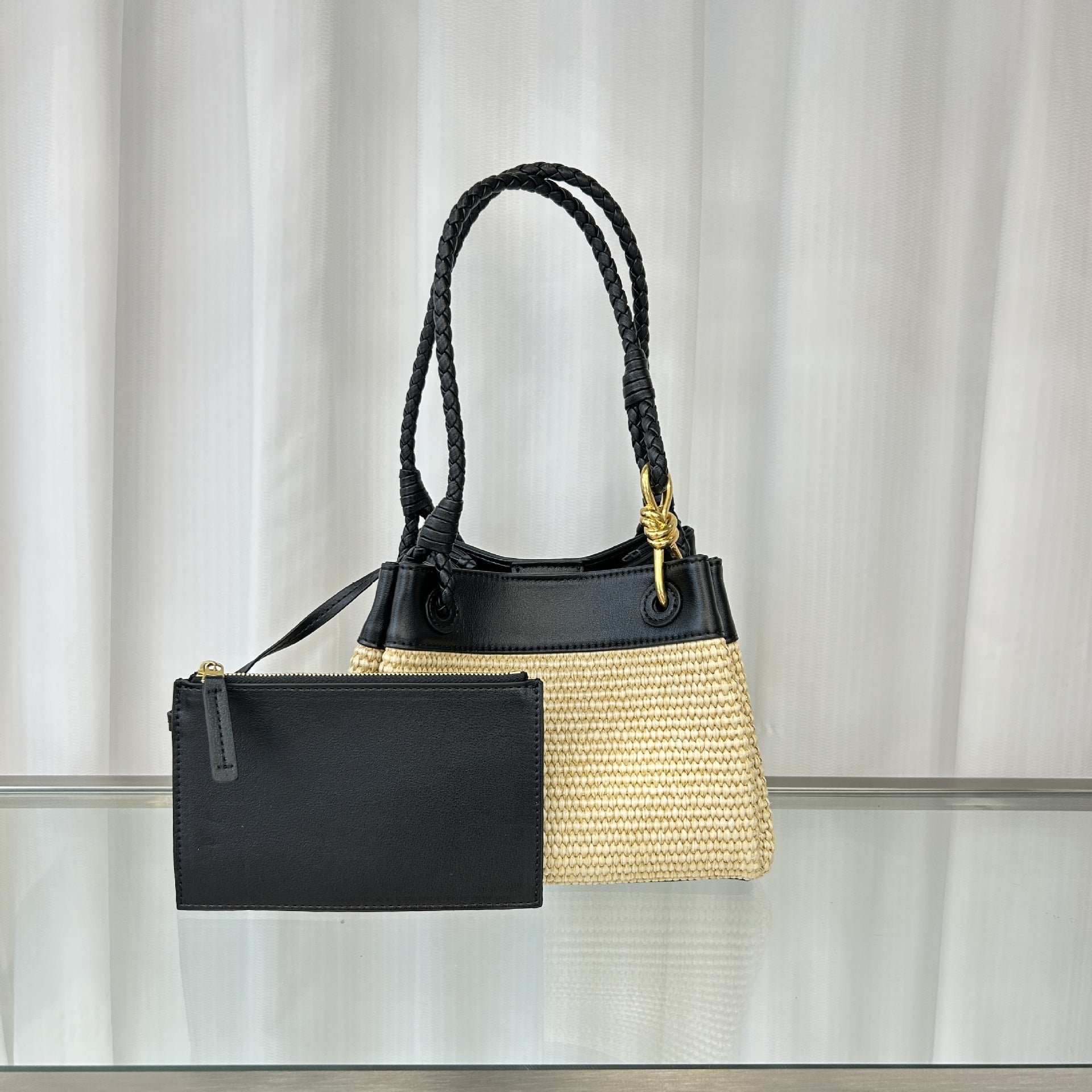 black raffia shoulder bag,women,front 02