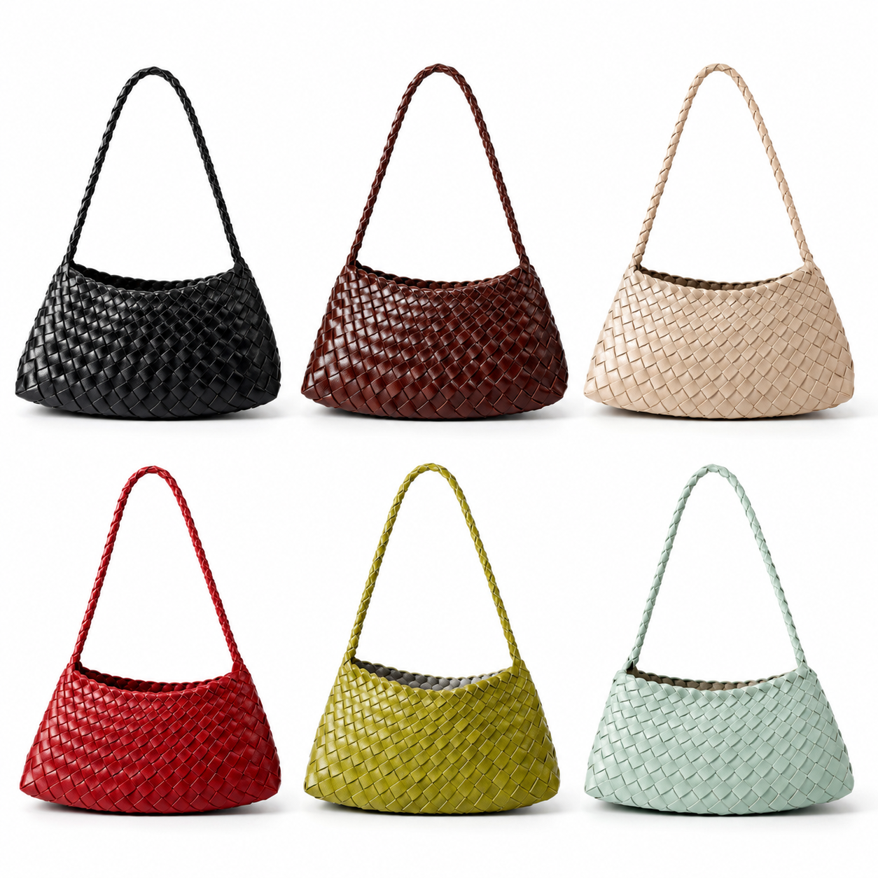 White background images of the Fanlosn woven underarm bag for women, available in six colors