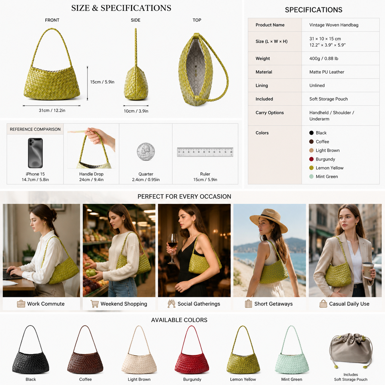 fanlosn lemon yellow pu woven shoulder bag,women,dimensions