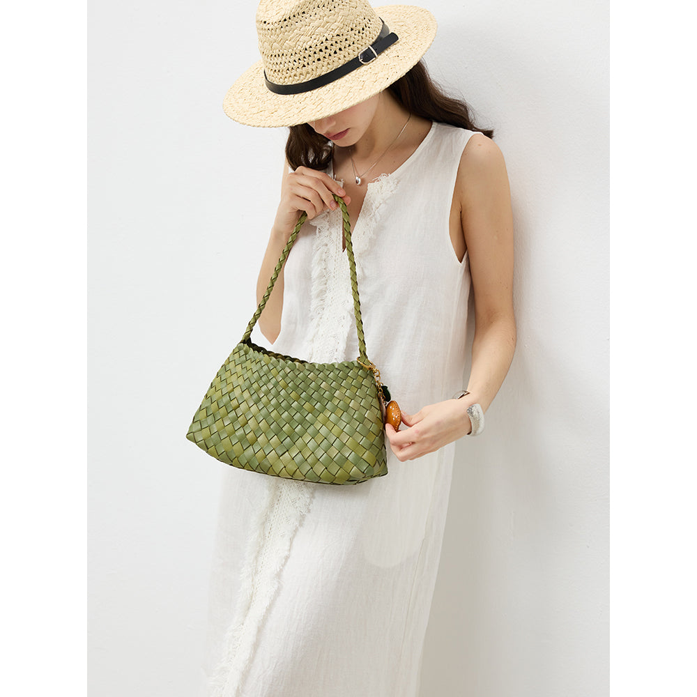 fanlosn lemon yellow pu woven shoulder bag,women,model display 02