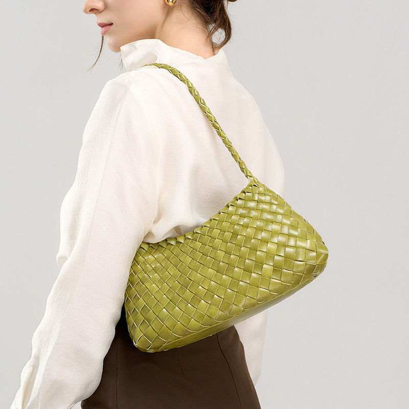 fanlosn lemon yellow pu woven shoulder bag,women,model display 03