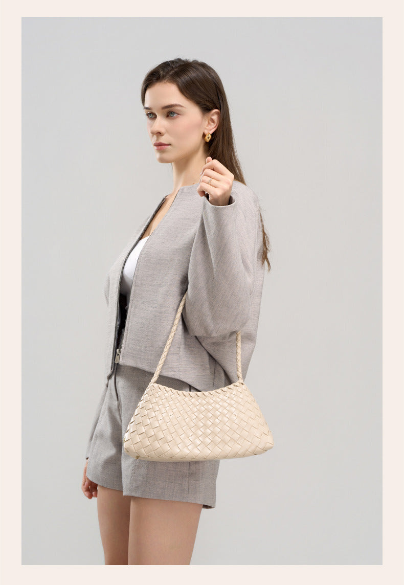 fanlosn light brown pu woven shoulder bag,women,model display 02
