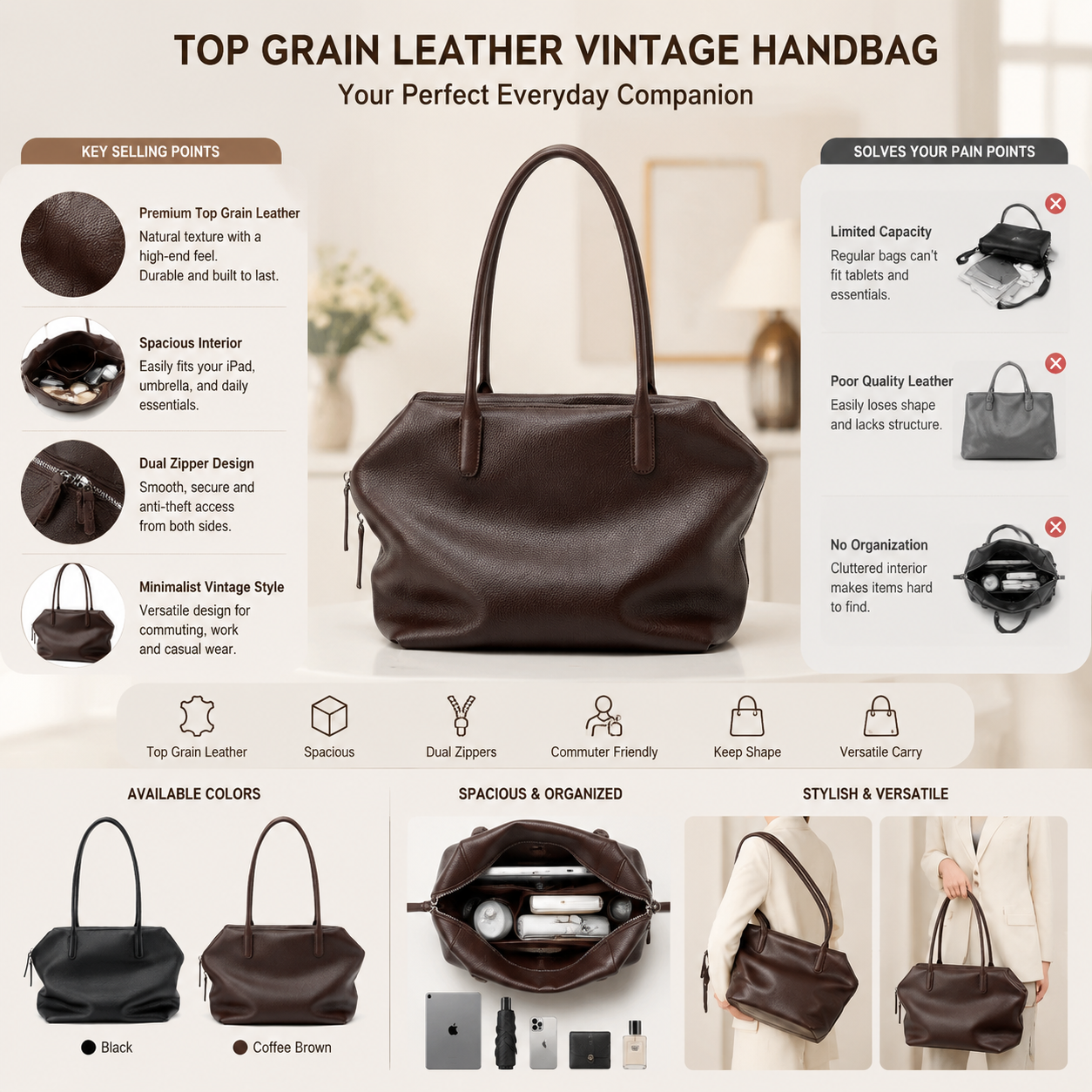 coffee leather shoulder tote bag,women,detail 03