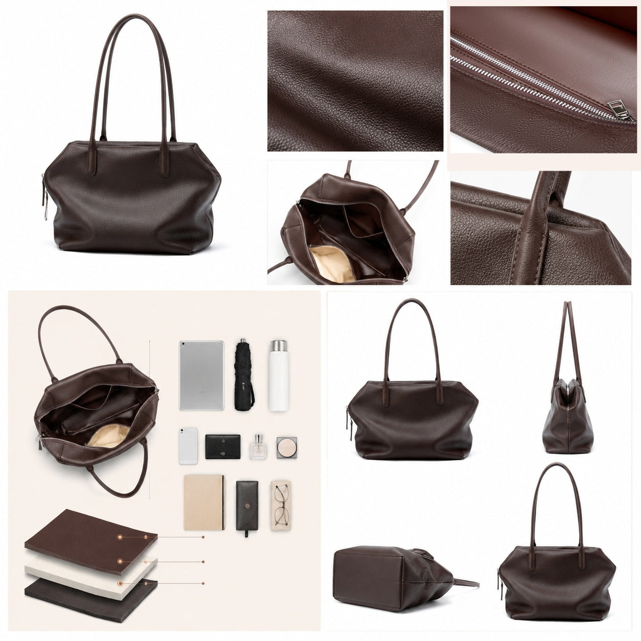 coffee leather shoulder tote bag,women,detail
