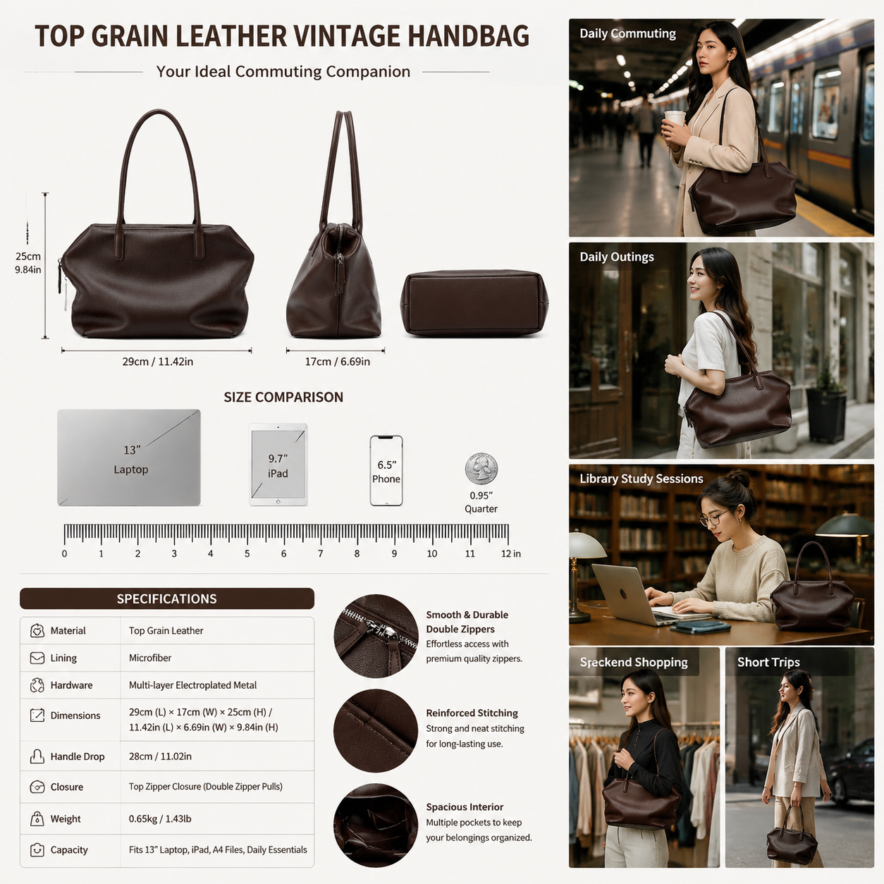 coffee leather shoulder tote bag,women,dimnsions