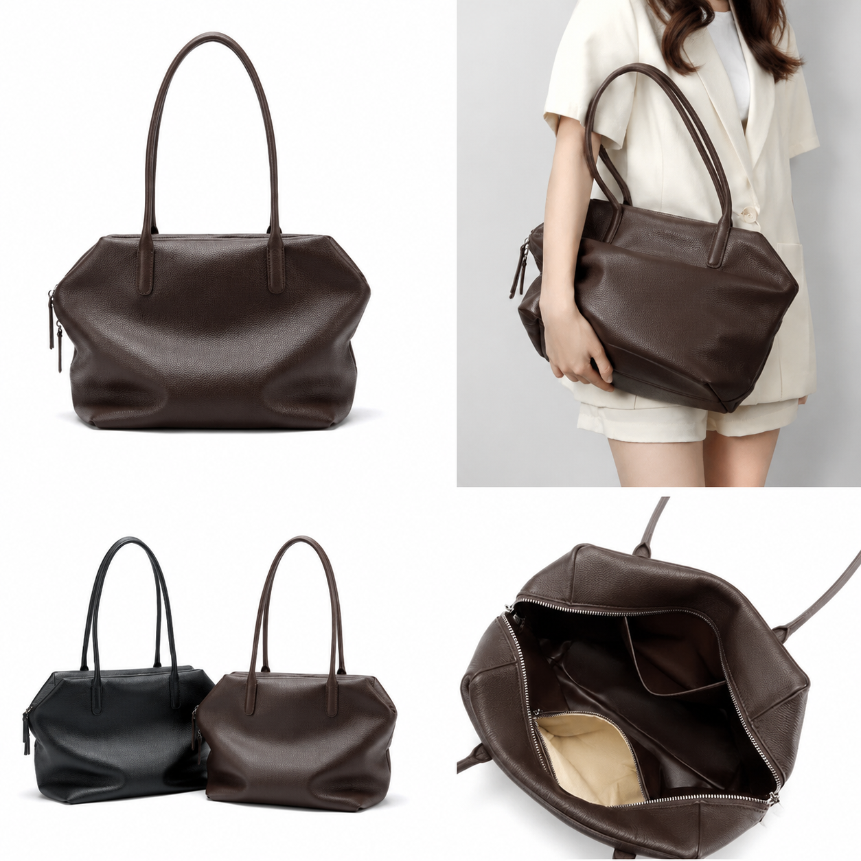 coffee leather shoulder tote bag,women,inner