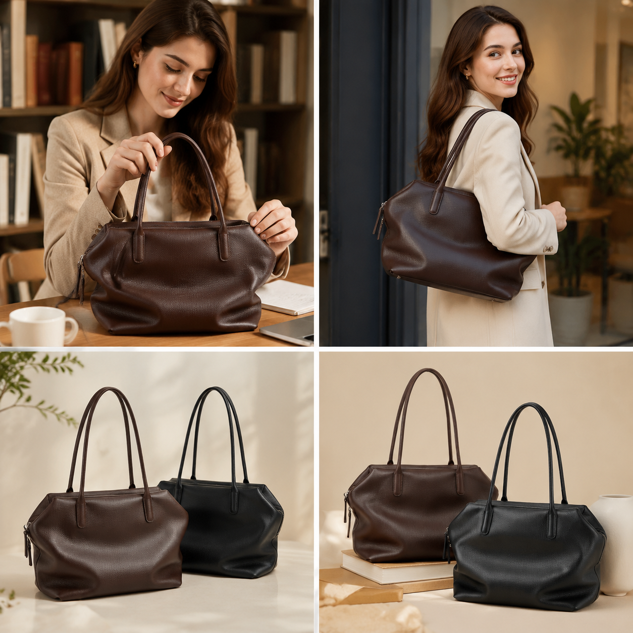 coffee leather shoulder tote bag,women,model display 02