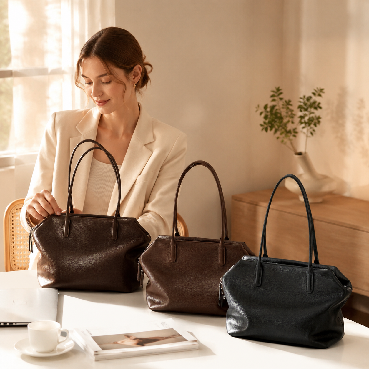 coffee leather shoulder tote bag,women,model display 03