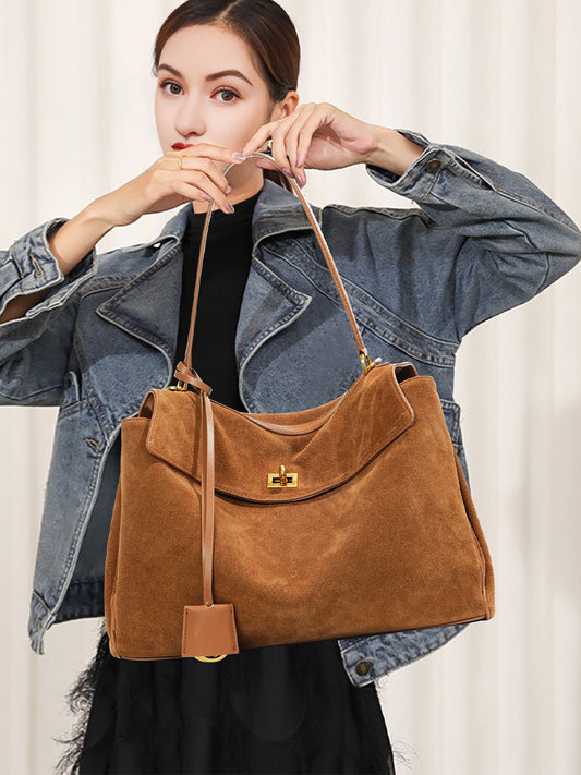 brown fanlosn big size suede leather shoulder underarm bag,women,model display