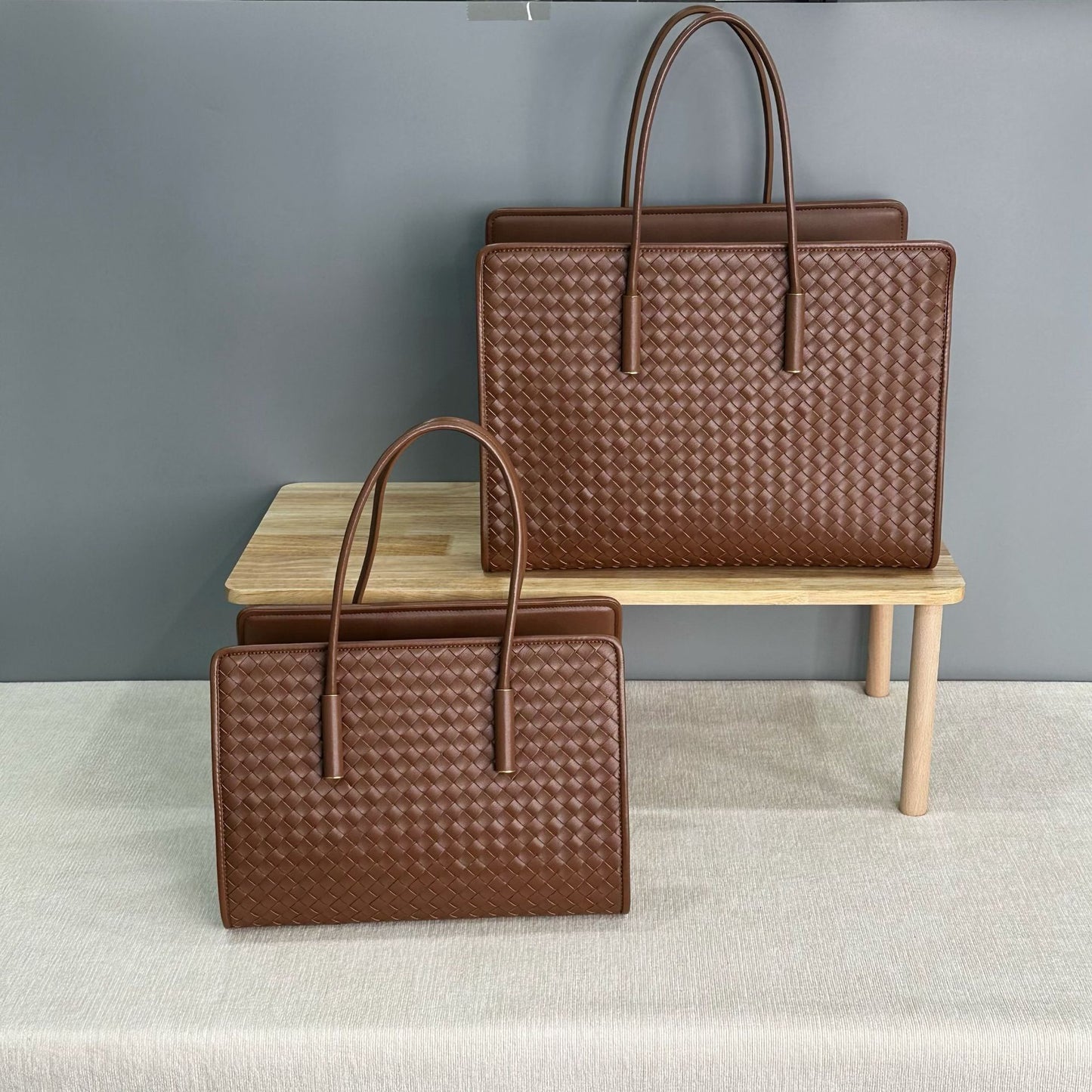 caramel fanlosn woven leather tote bag,women,front