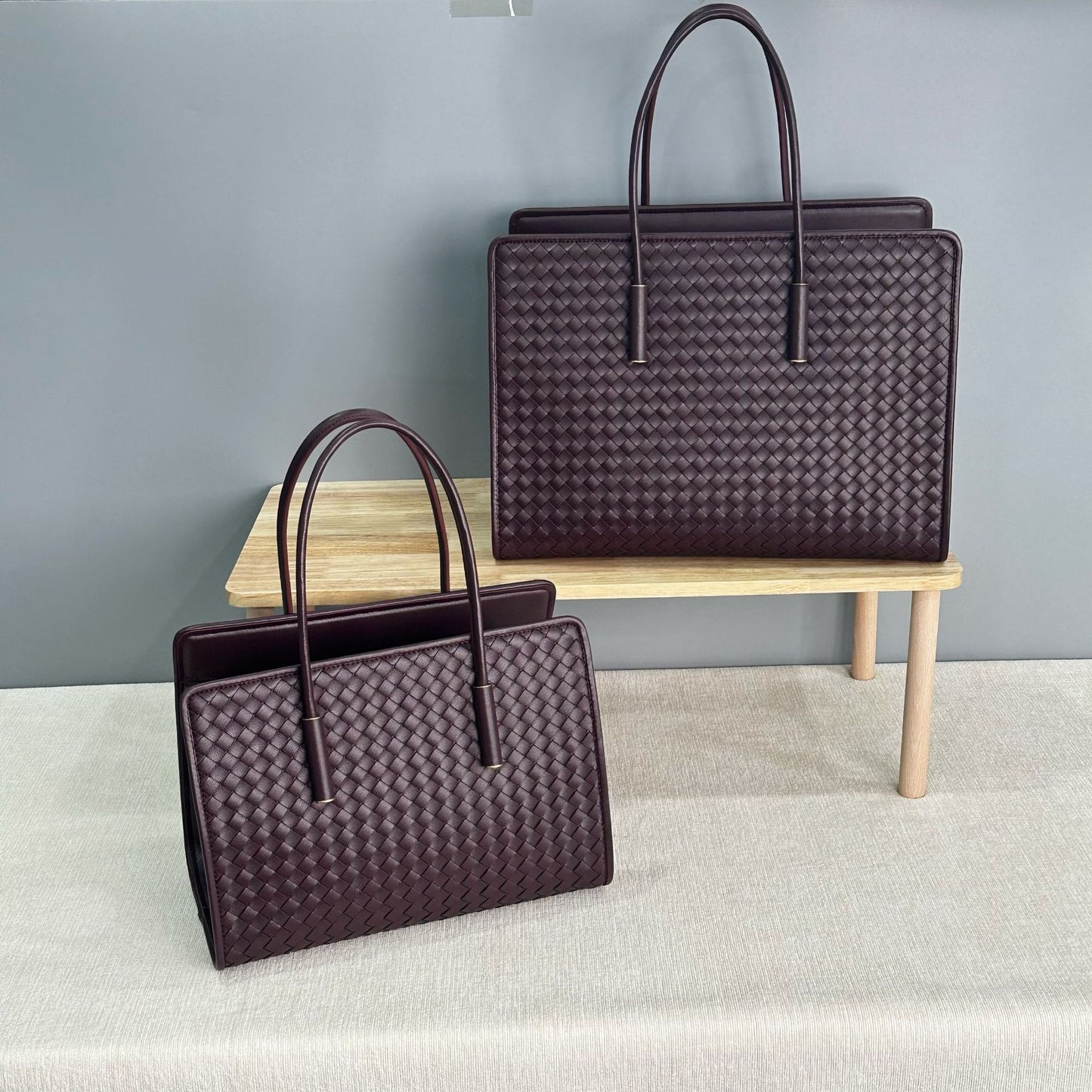 deep burgundy fanlosn woven leather tote bag,women,front