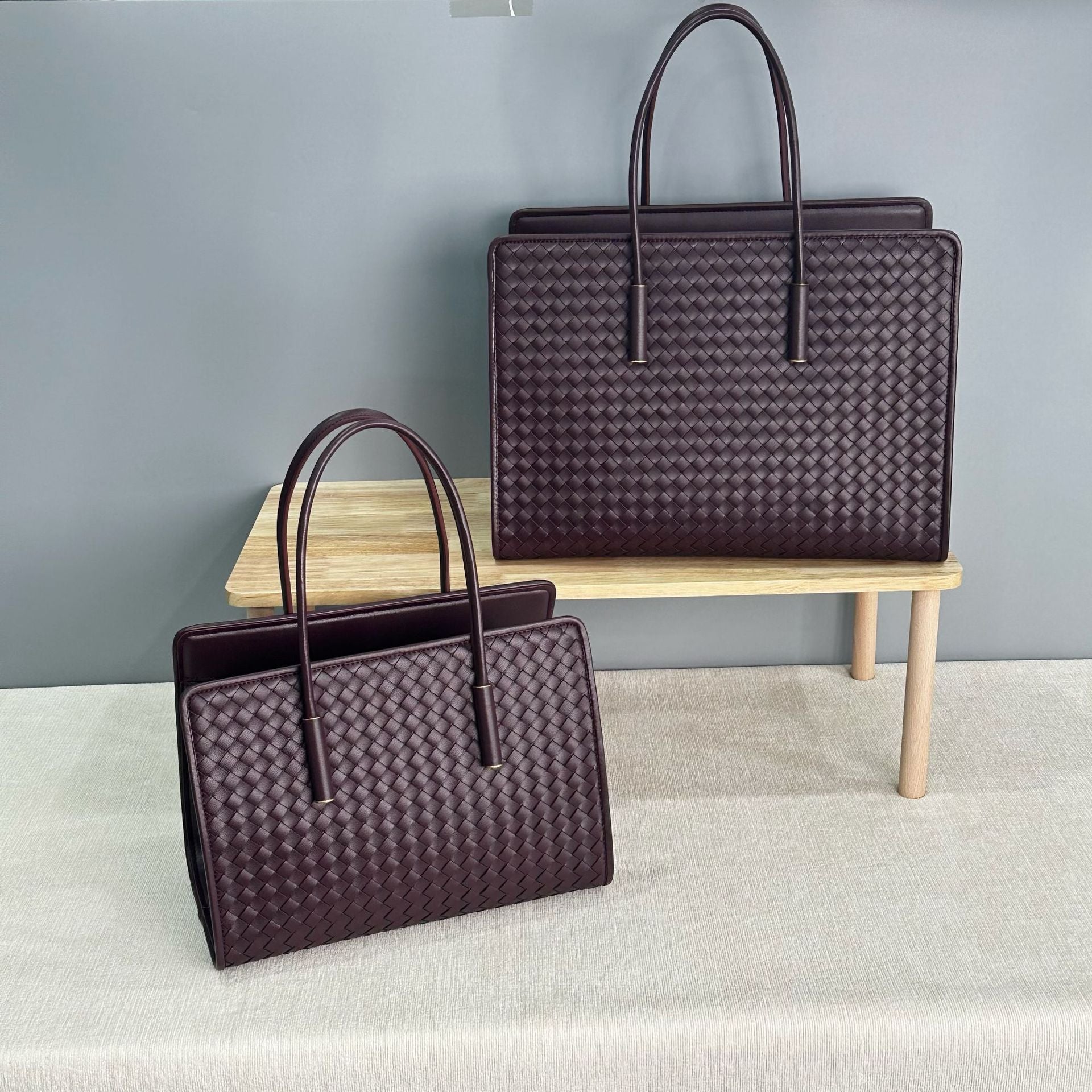 deep burgundy fanlosn woven leather tote bag,women,front