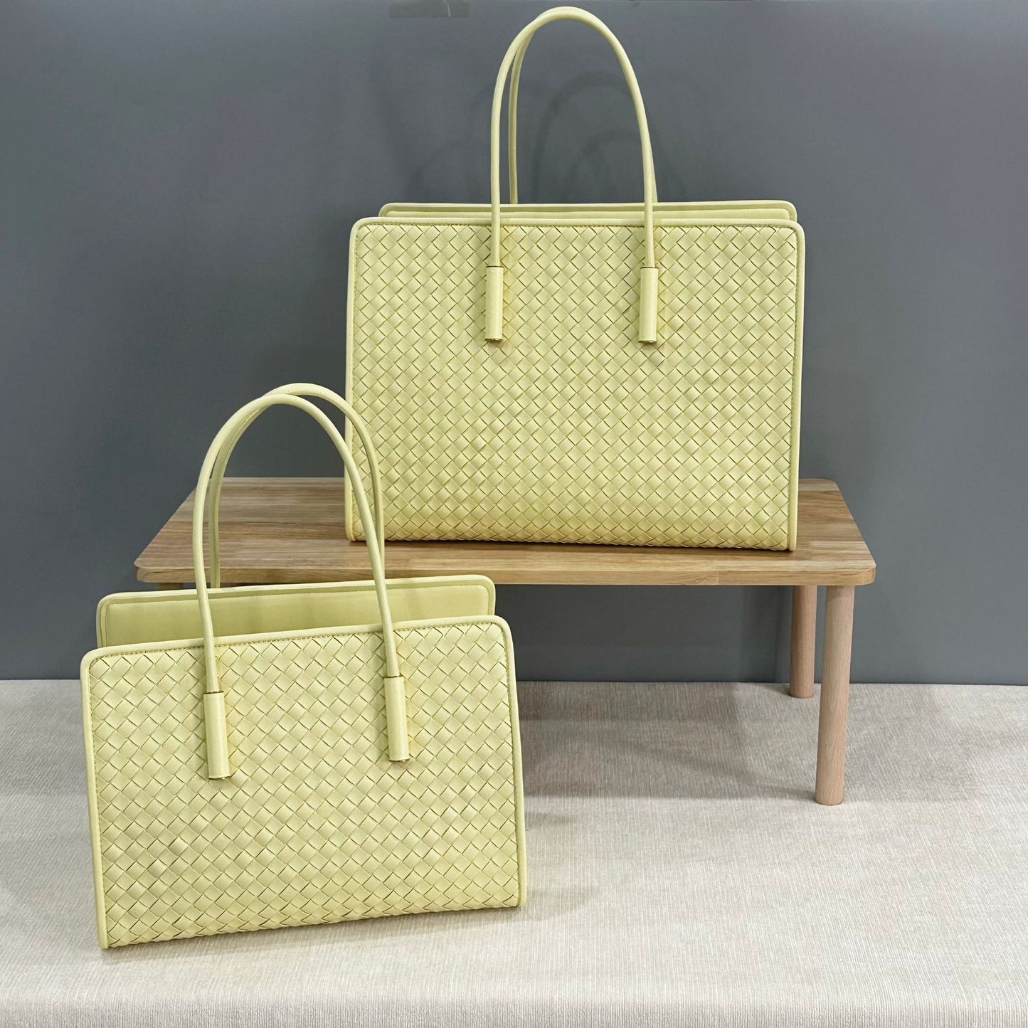 light yellow fanlosn woven leather tote bag,women,front