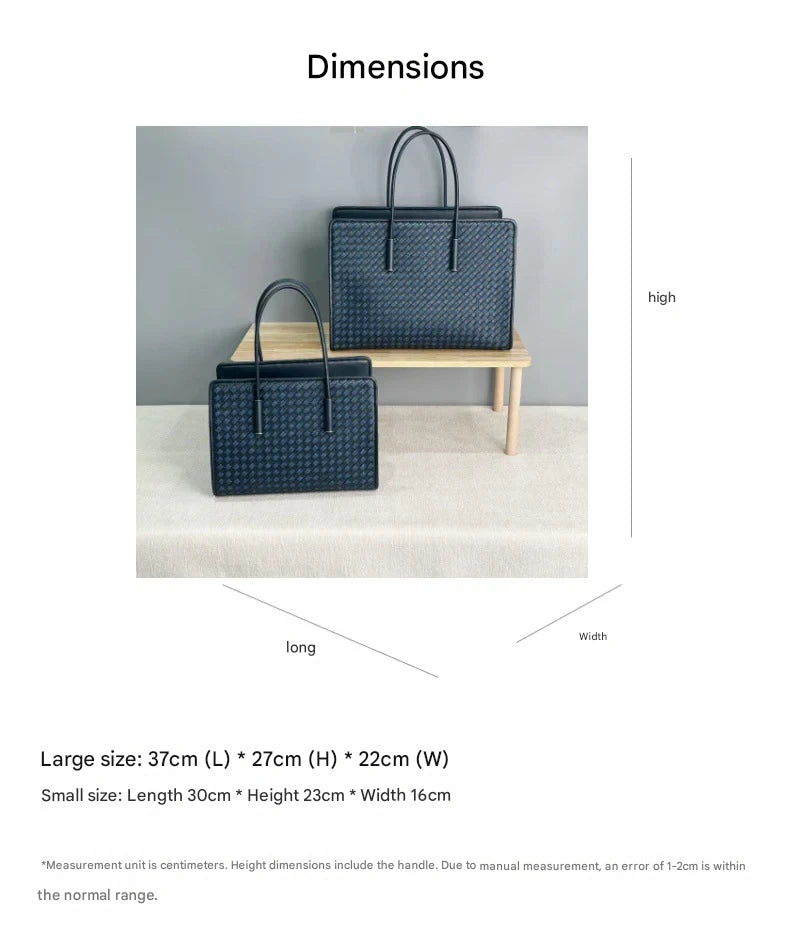 navy blue denim fanlosn woven leather tote bag,women,dimensions