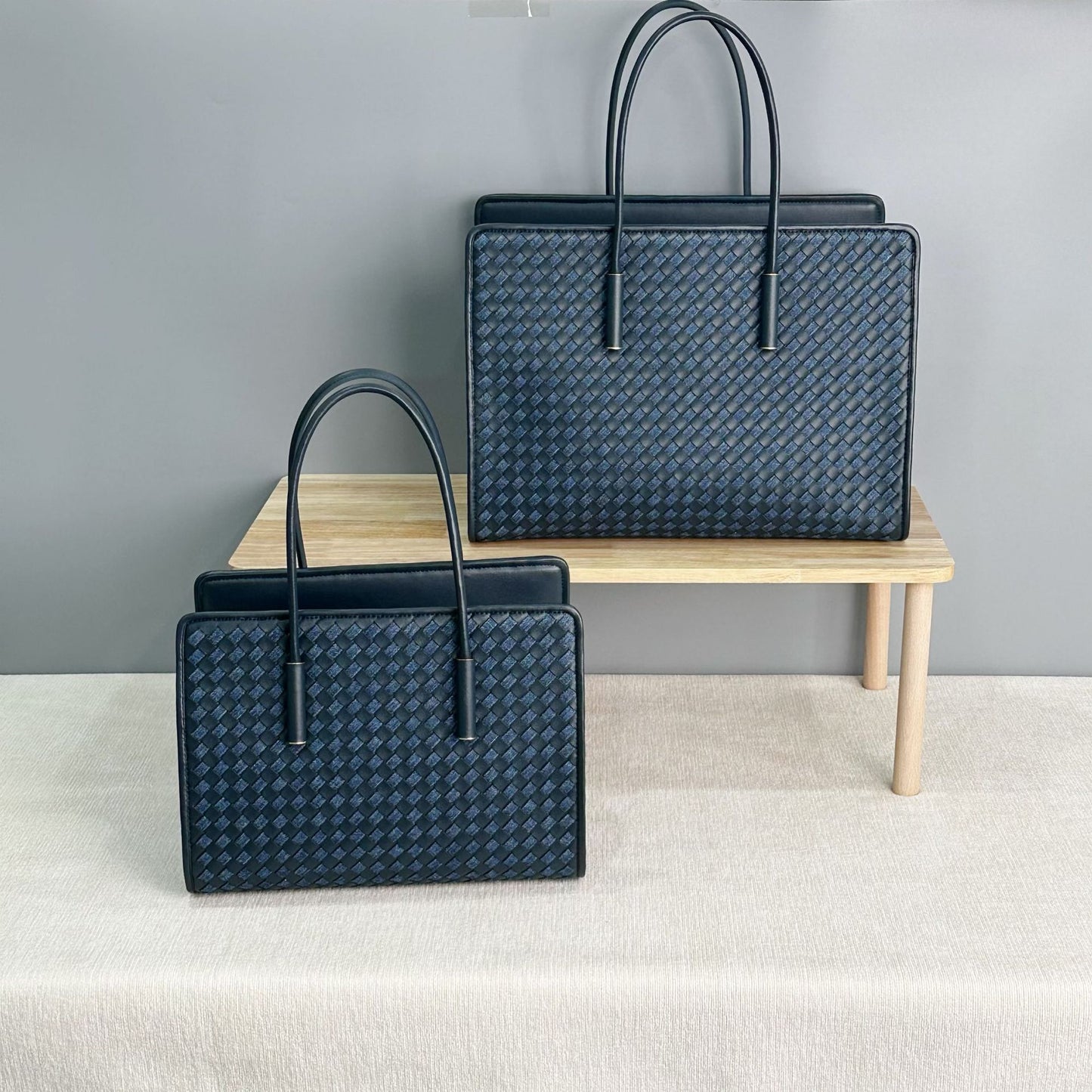 navy blue denim fanlosn woven leather tote bag,women,front