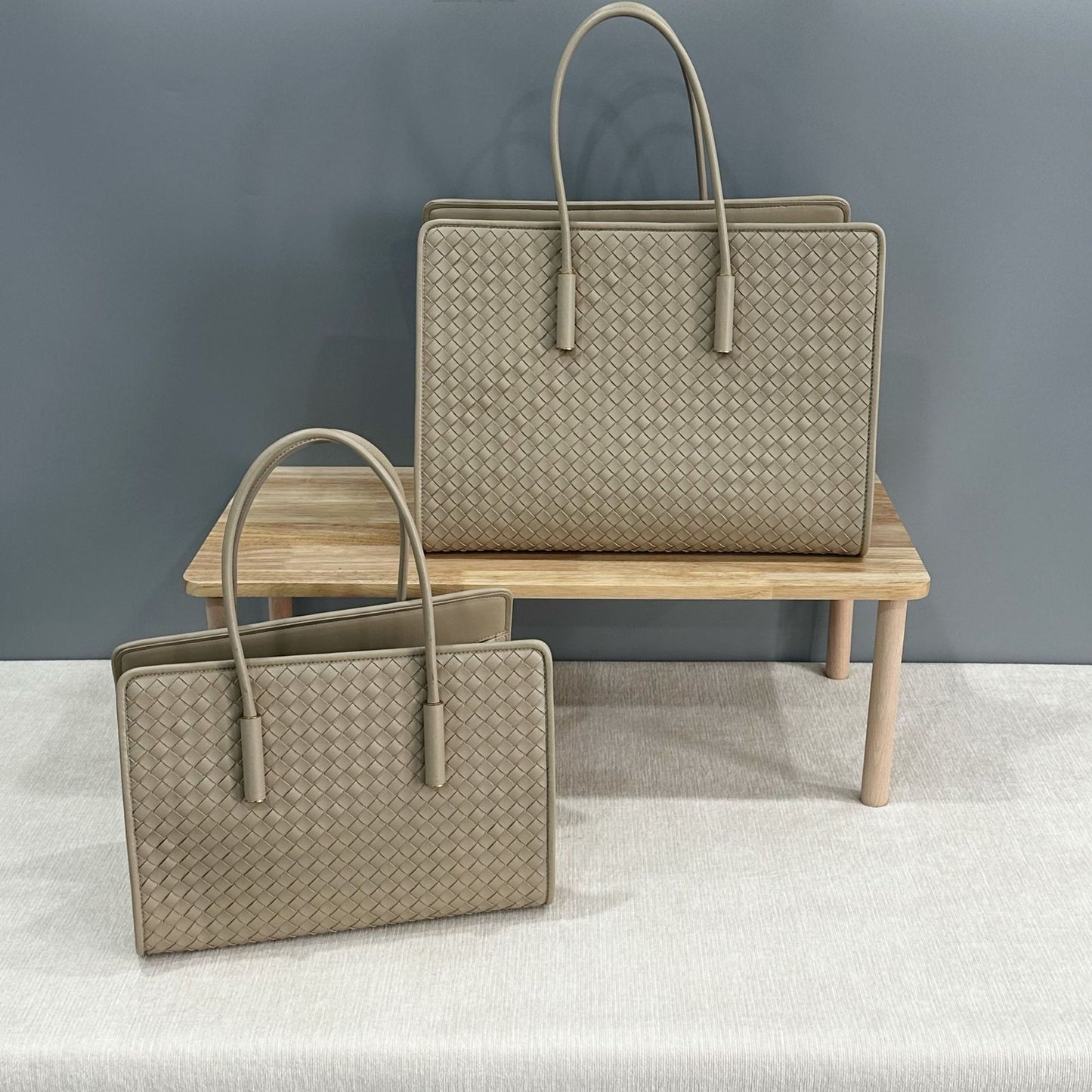 oatmeal color fanlosn woven leather tote bag,women,front