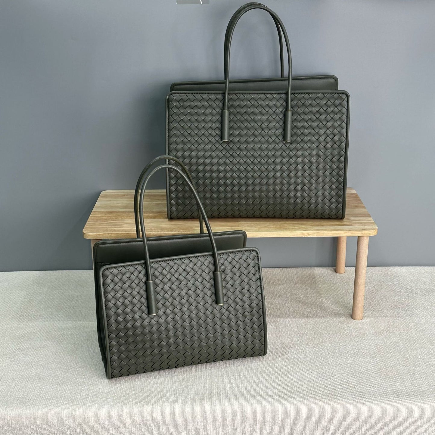 olive green fanlosn woven leather tote bag,women,front