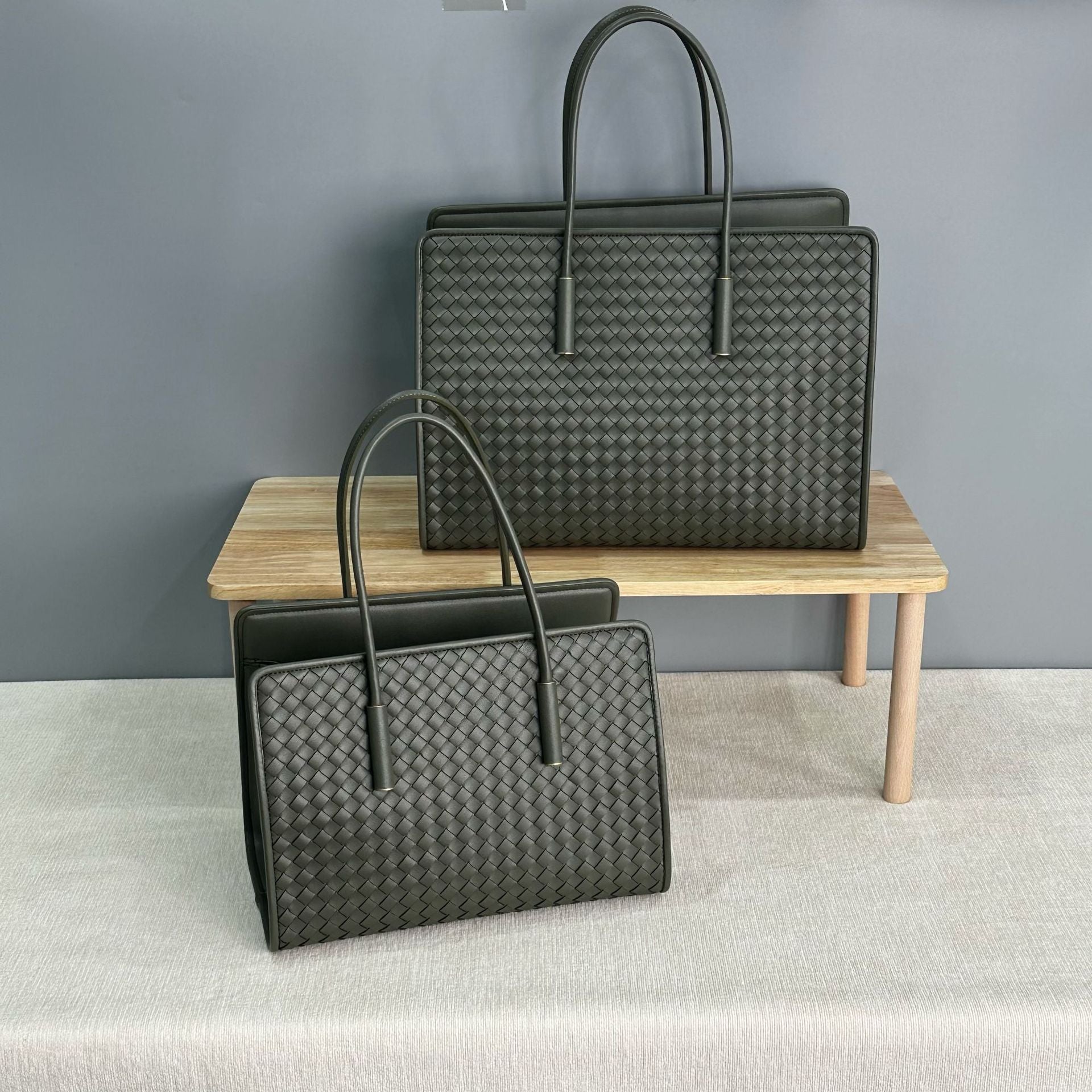 olive green fanlosn woven leather tote bag,women,front