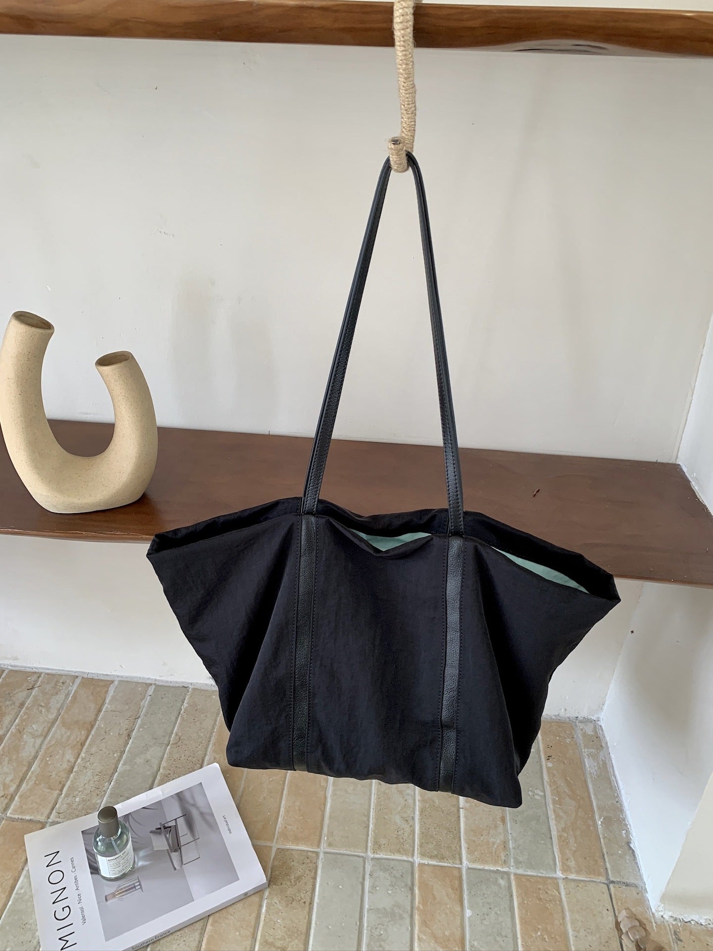 fanlosn black nylon tote bag with leather handles,women,front