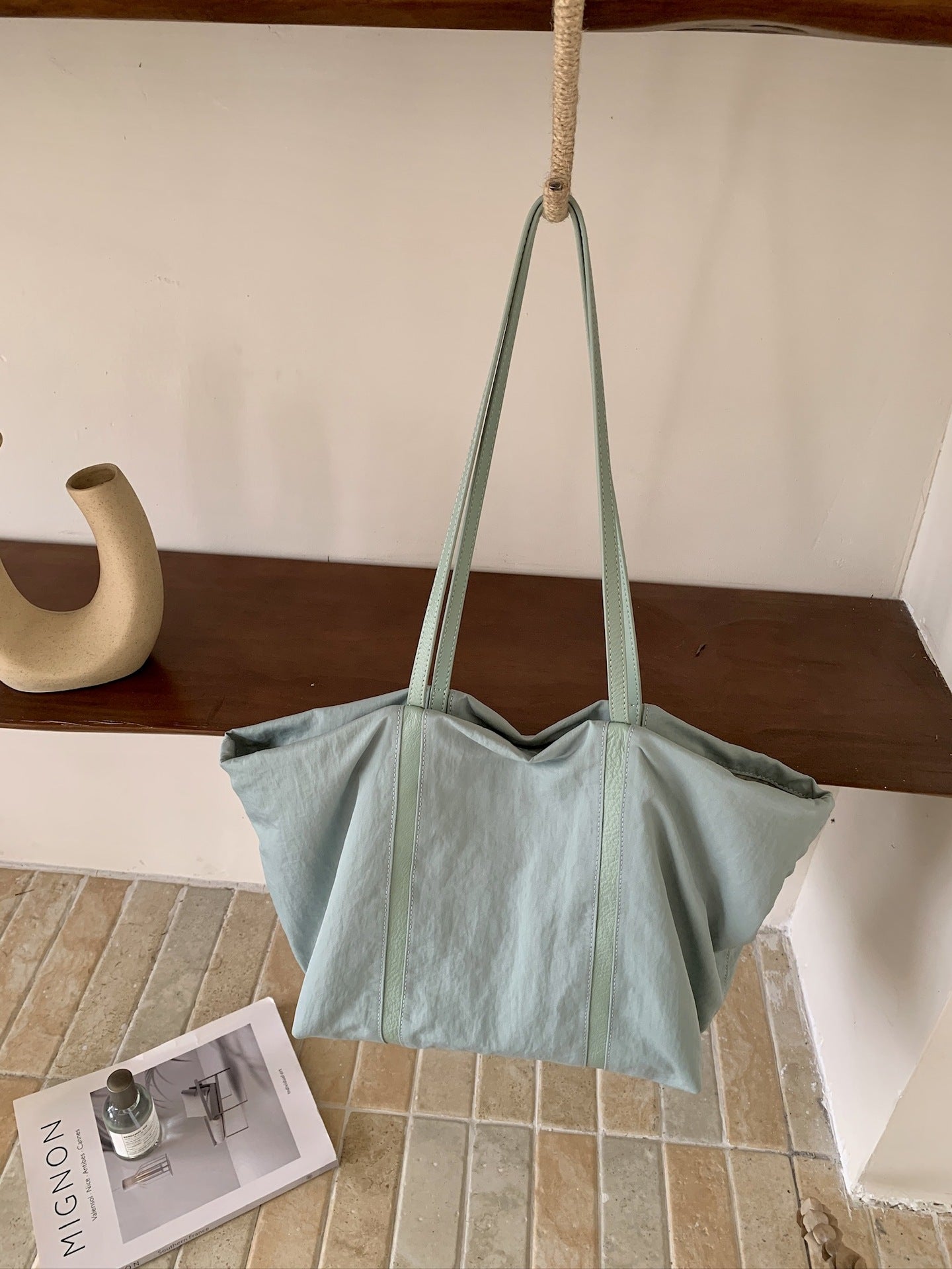 fanlosn mint green nylon tote bag with leather handles,women,front