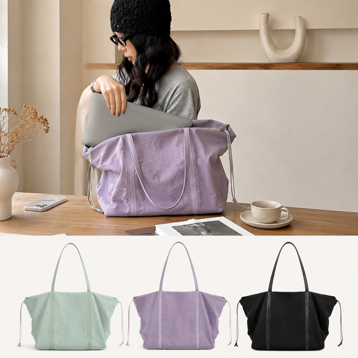 fanlosn purple nylon tote bag with leather handles,women,color display
