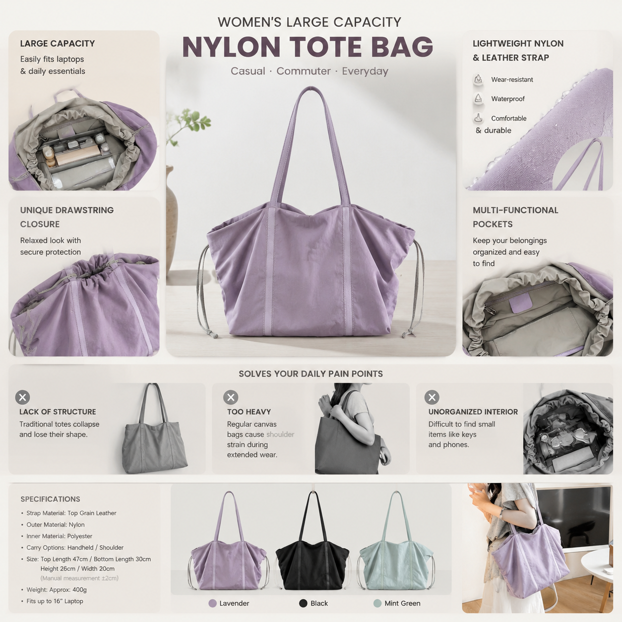 fanlosn purple nylon tote bag with leather handles,women,detail 03