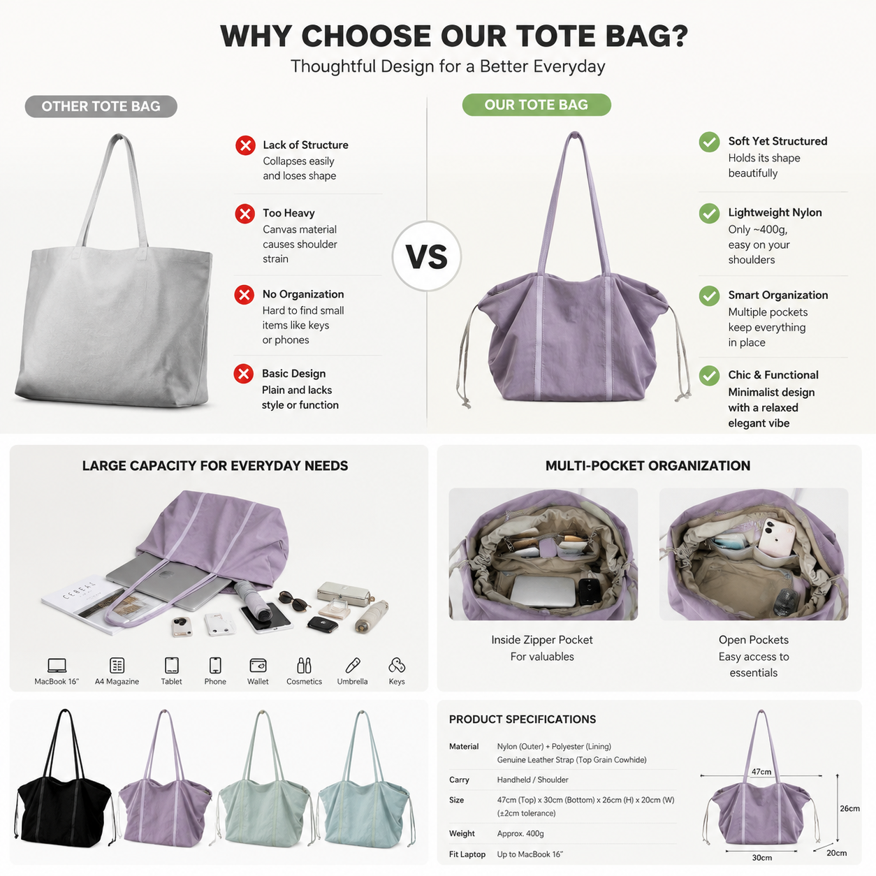 fanlosn purple nylon tote bag with leather handles,women,detail