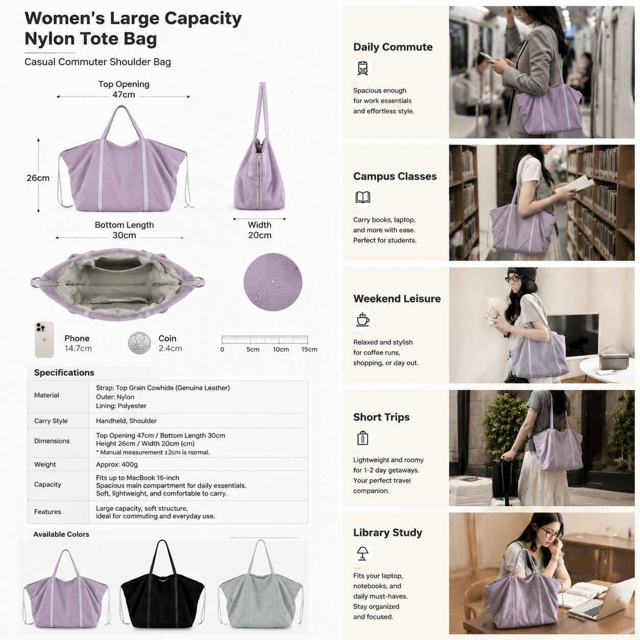 fanlosn purple nylon tote bag with leather handles,women,dimensions