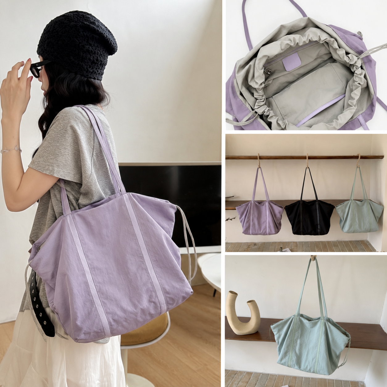 fanlosn purple nylon tote bag with leather handles,women,front 02