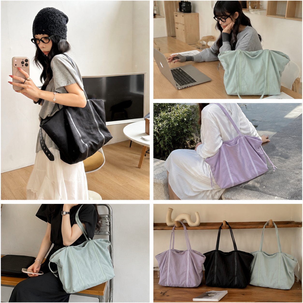 fanlosn purple nylon tote bag with leather handles,women,lifestyle
