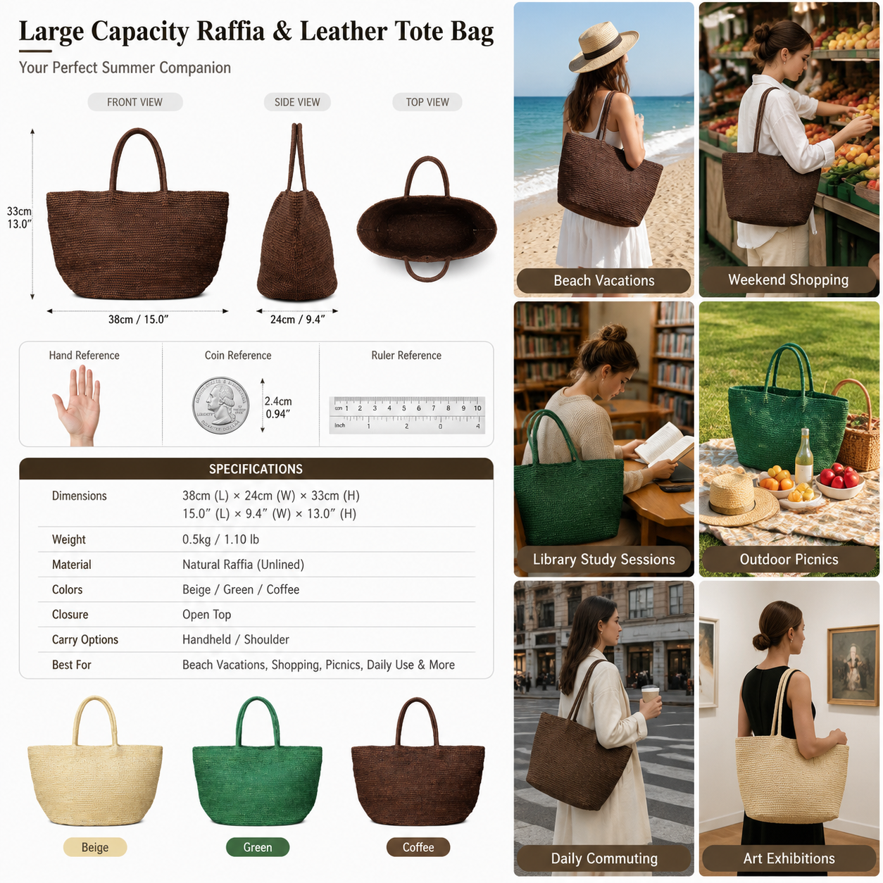 fanlosn coffee raffia tote bag,women,dimensions