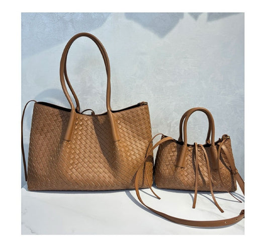 brown big size and small size leather tote handbag,women,model display