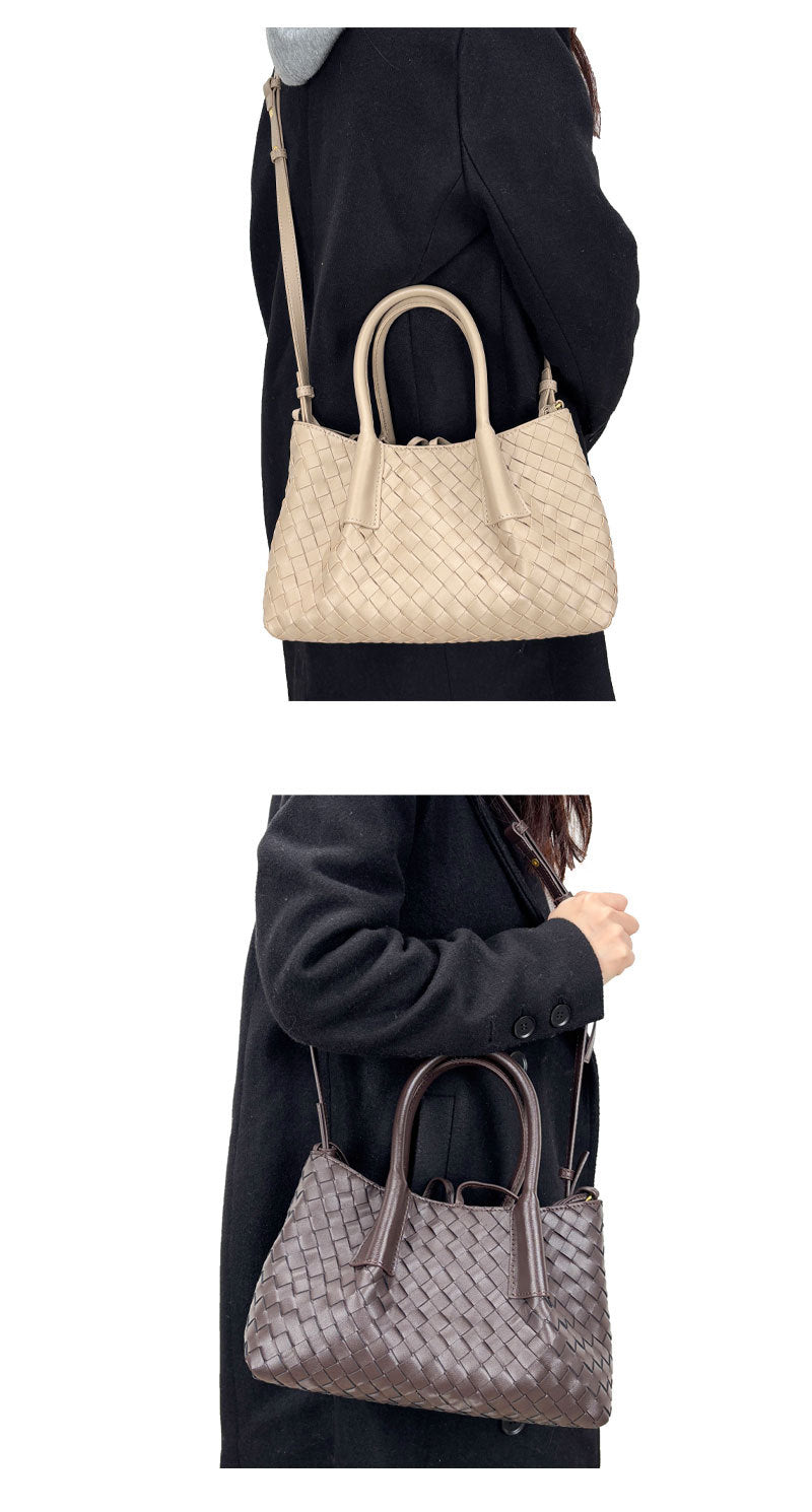 milk tea color small size leather tote handbag,women,model show