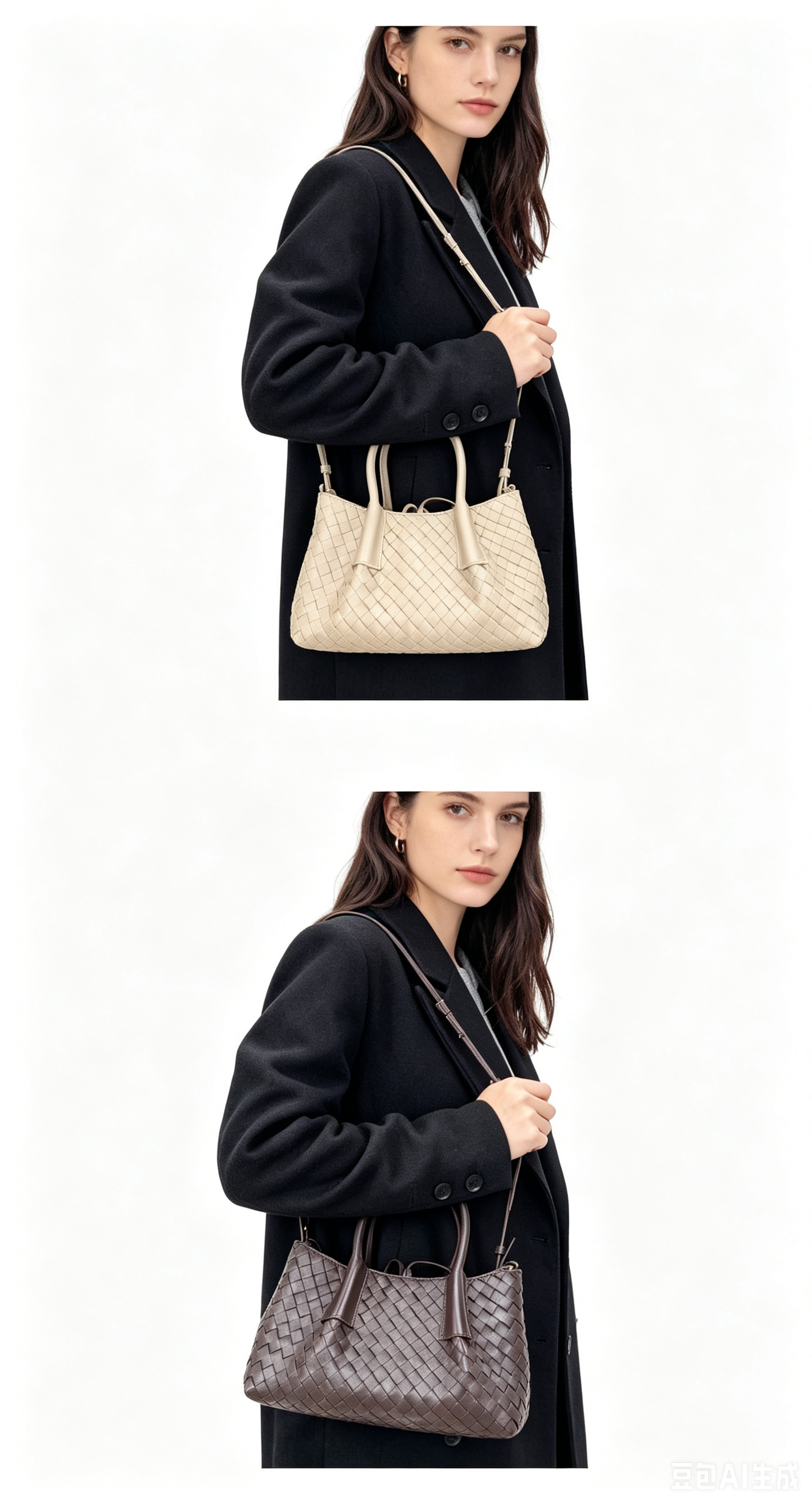 milk tea color small size leather tote handbag,women,model show