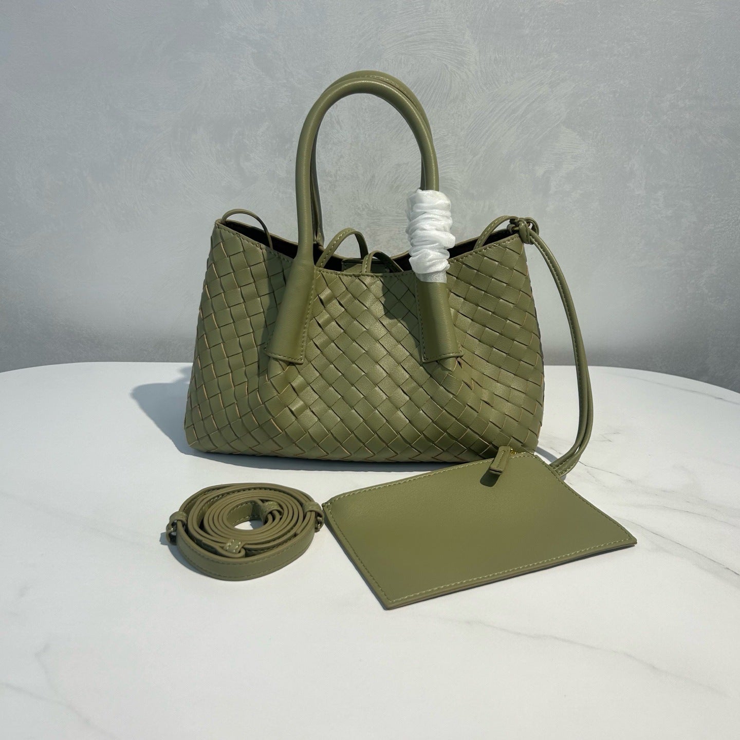 travertine green small size leather tote handbag,women,front