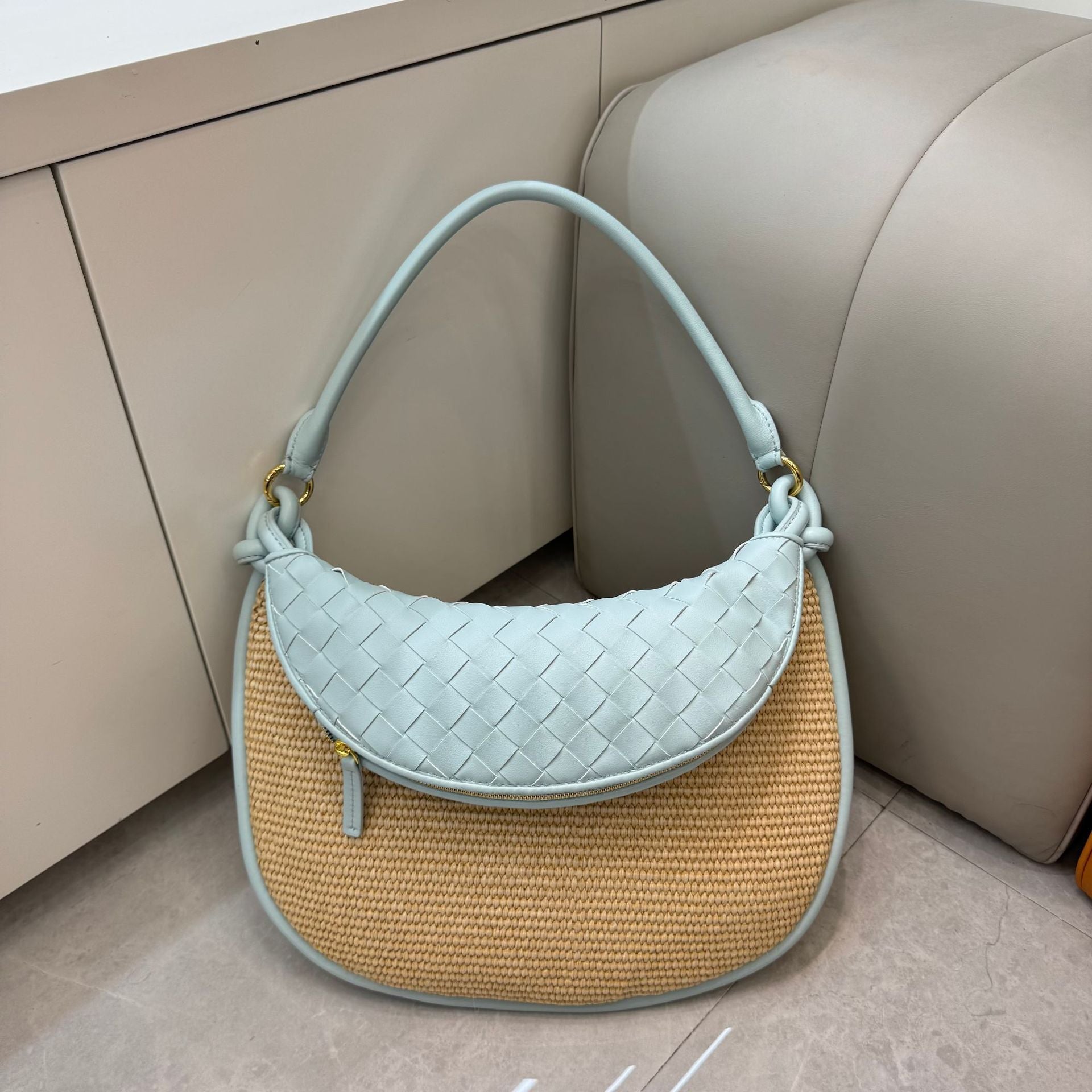 blue raffia underarm bag,women,front
