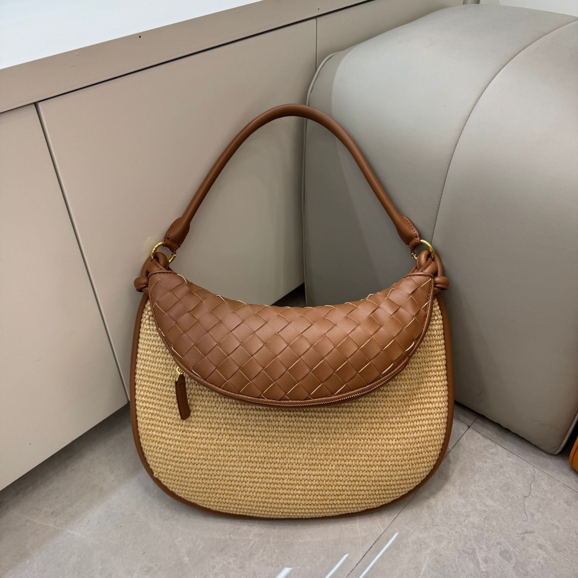 brown raffia underarm bag,women,front