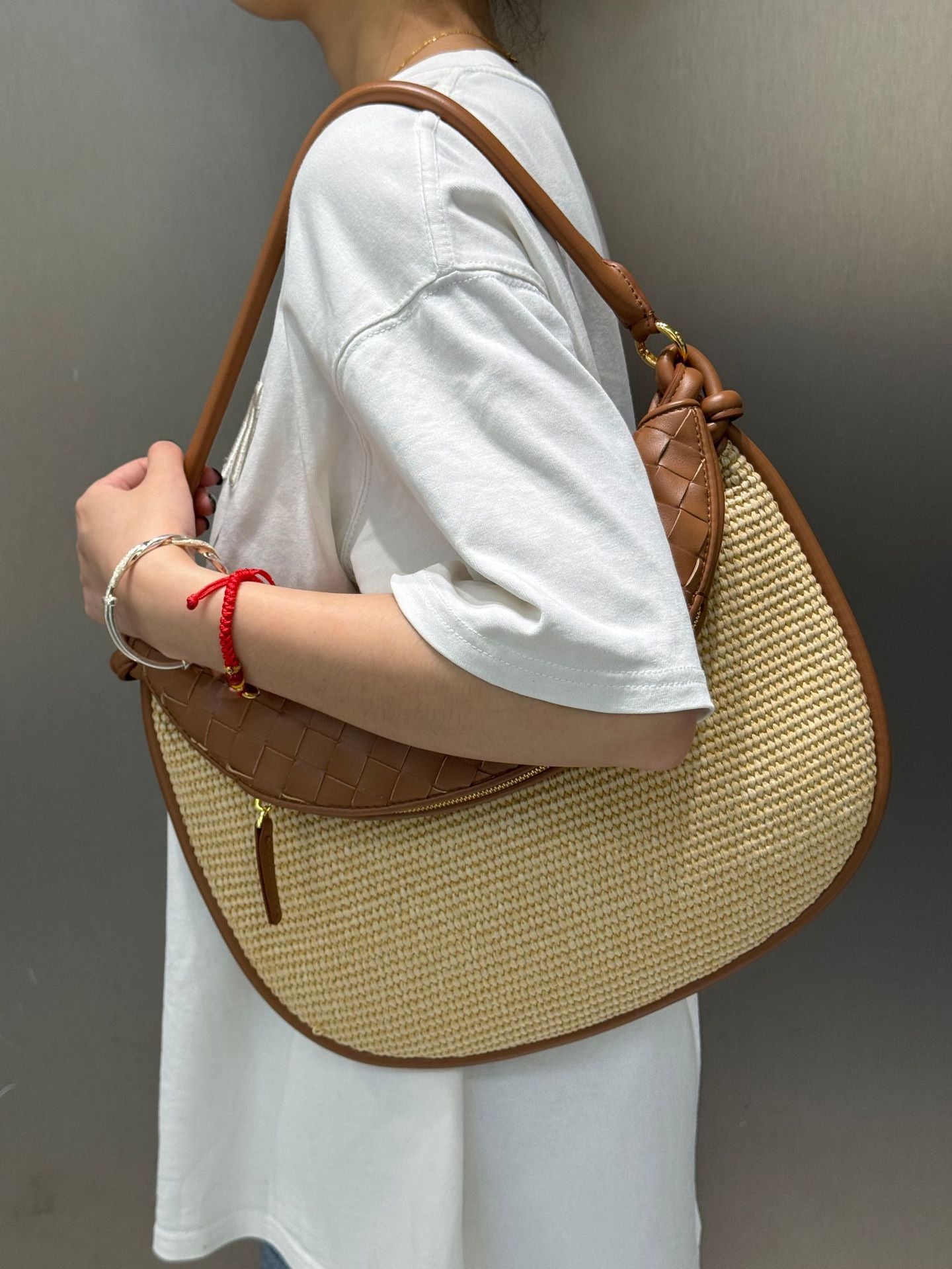 brown raffia underarm bag,women,model show