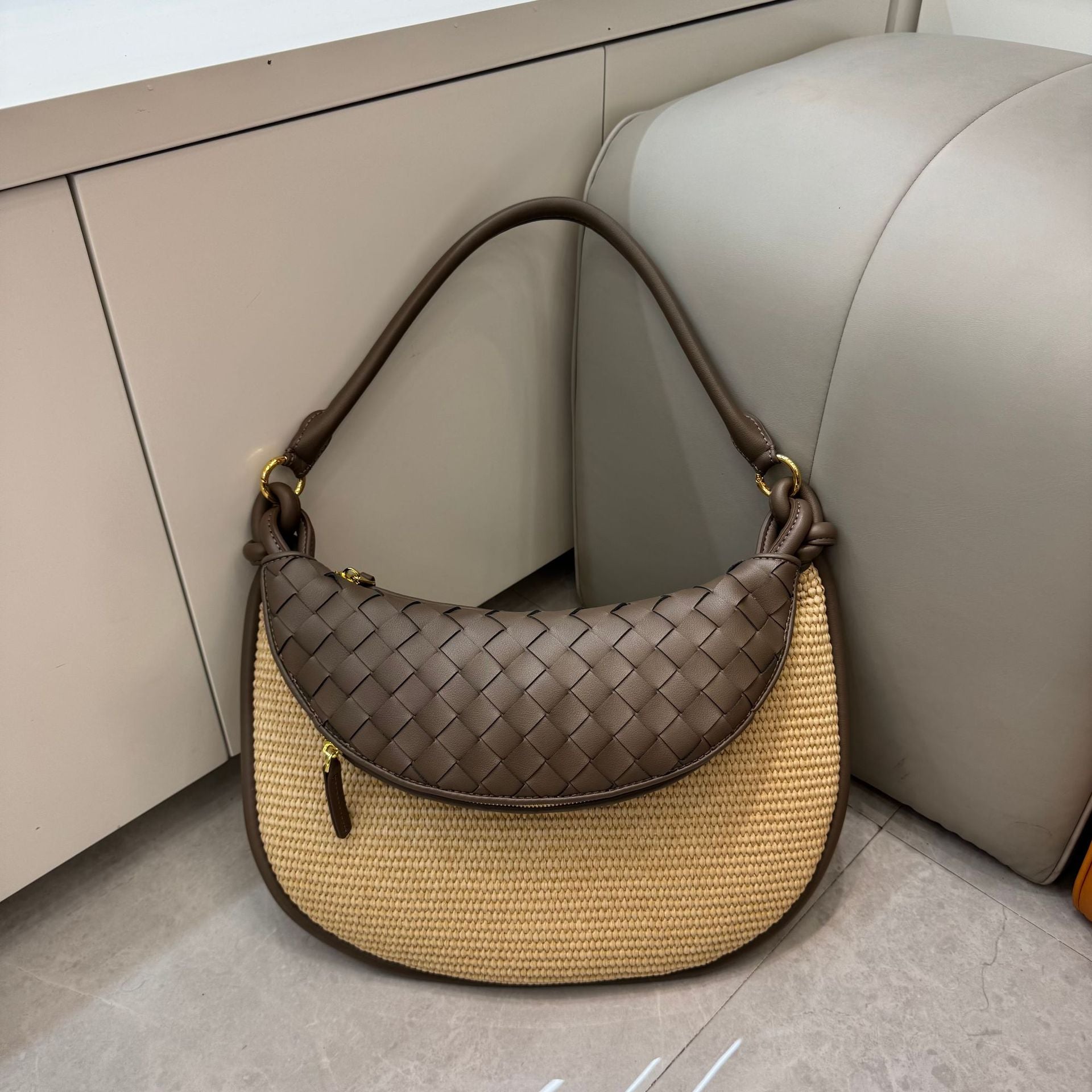 mud brown raffia underarm bag,women,front