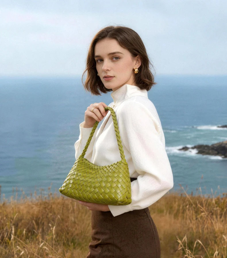 fanlosn lemon yellow pu woven shoulder bag,women,model display