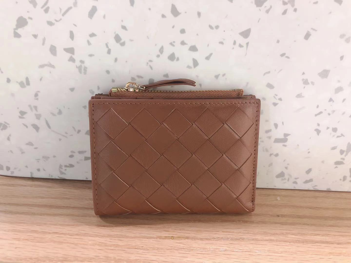 caramel color fanlosn sheepskin woven leather wallet,women,side